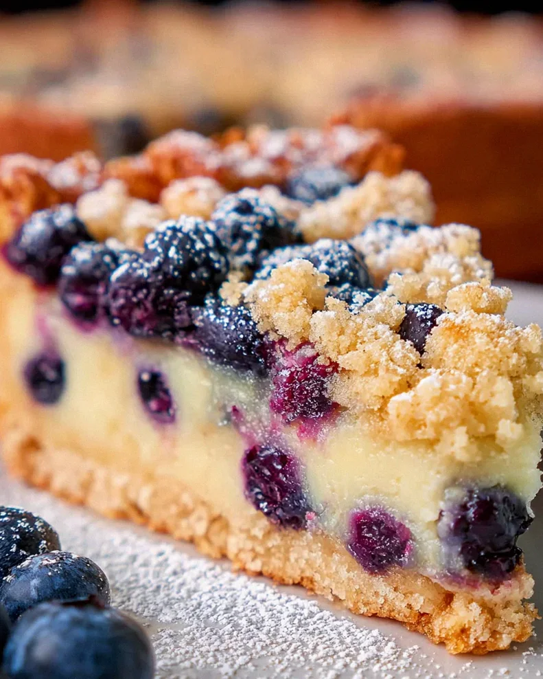 Blaubeerkuchen mit Pudding und Streusel