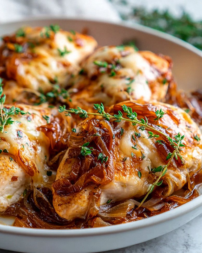 Cremige French Onion Hähnchenpfanne mit geschmolzenem Gruyère