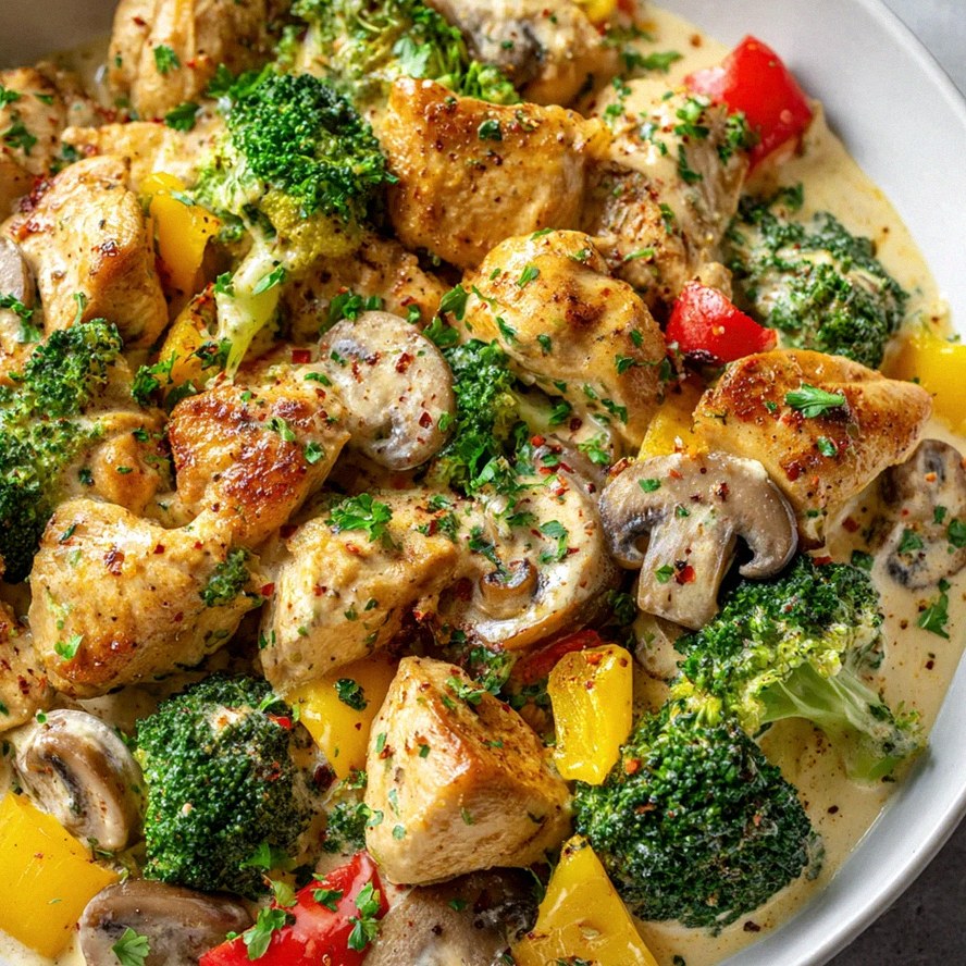 Cremige Low Carb Hähnchen Gemüse Pfanne – Gesund & Lecker!