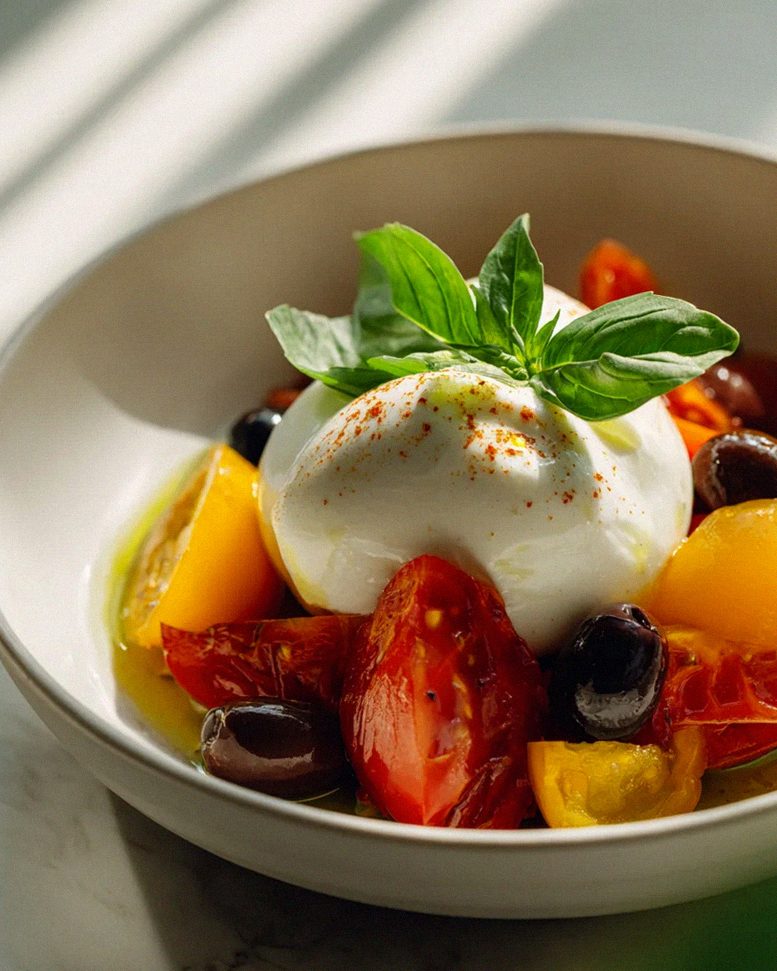 Cremige Mediterrane Burrata Bowl mit Paprika & Oliven