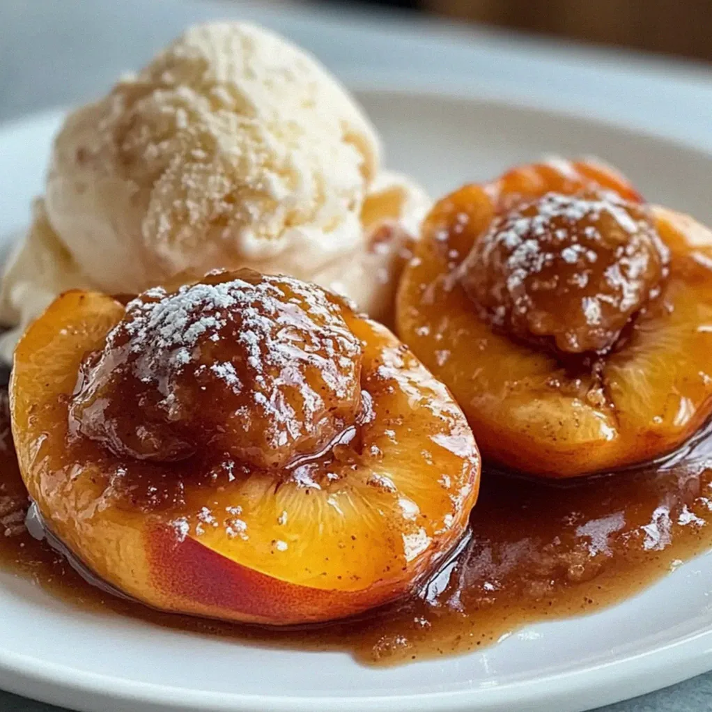 Gebackene Pfirsiche und Eiscreme mit braunem Zucker
