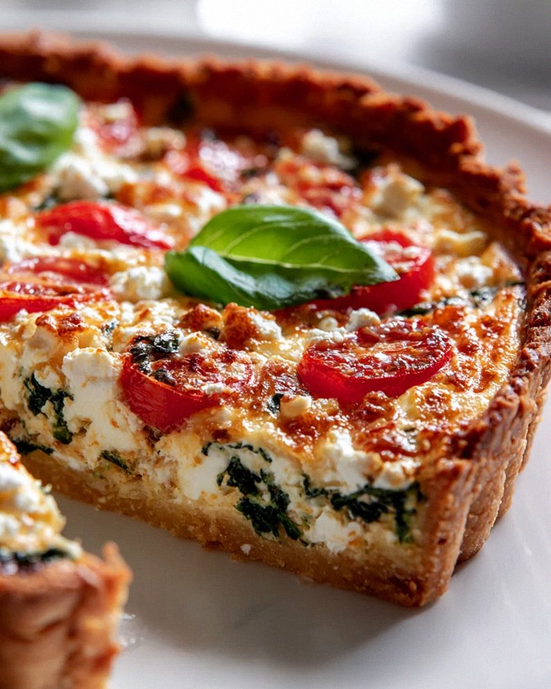 Herzhafte Quiche: Tomate, Feta, Basilikum & Spinat