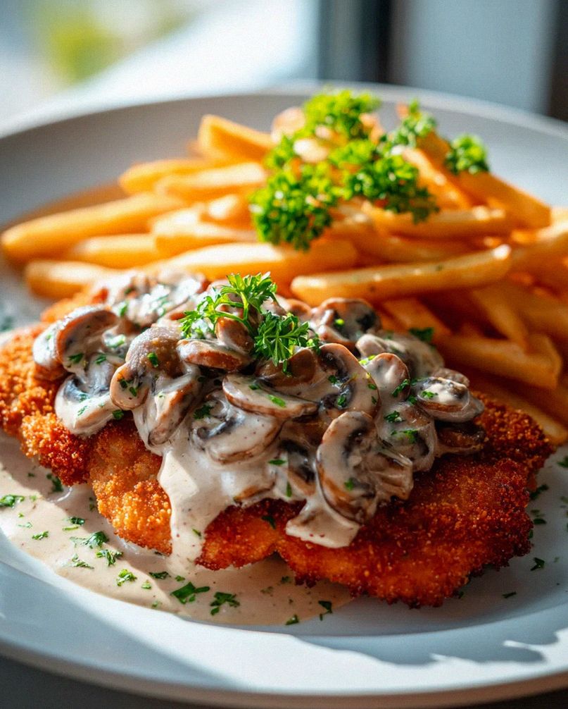 Jaegerschnitzel vom Rind mit cremiger Champignonsoße