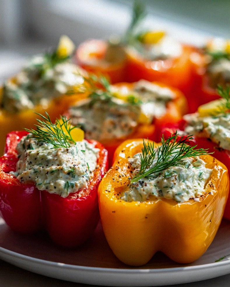 Knackige Minipaprika mit cremigem Pickle Dip gefüllt