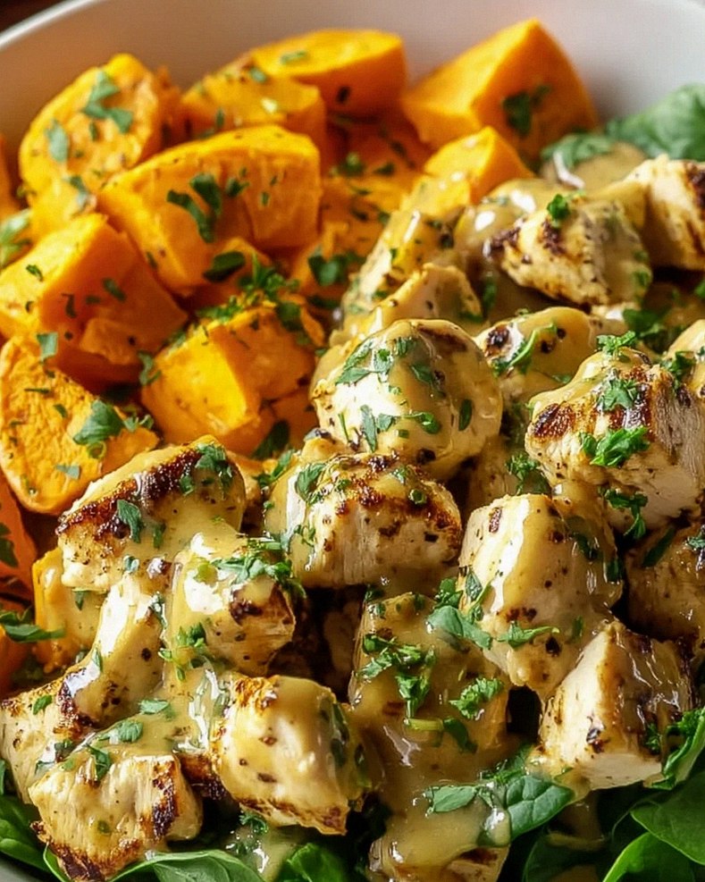 Leckere Maple Dijon Chicken Süßkartoffel-Bowls Rezept