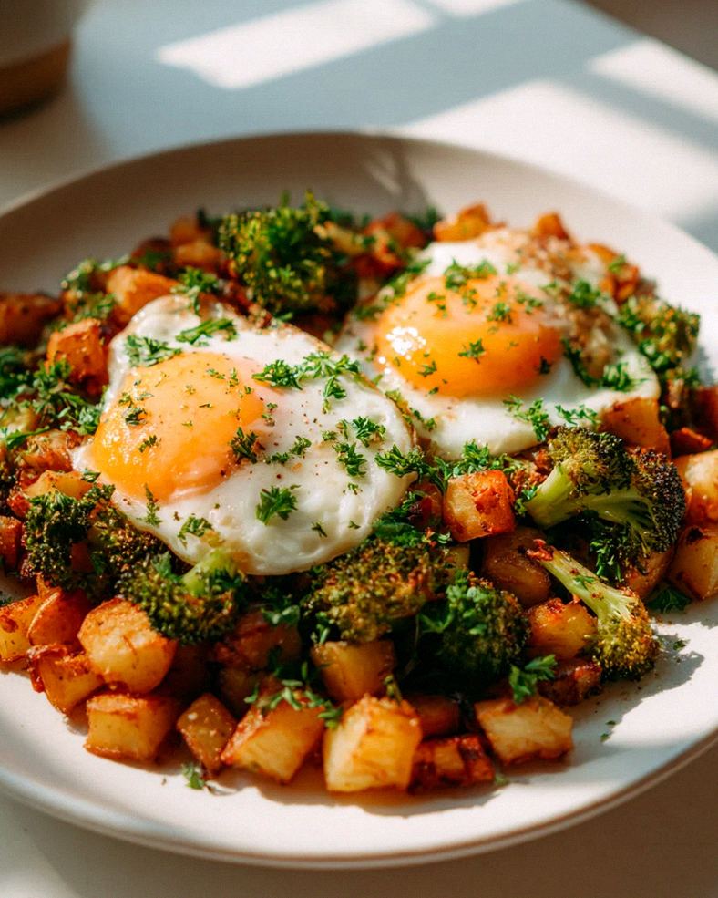 Leckeres Kartoffel-Brokkoli Frühstücks-Hash mit Spiegeleiern