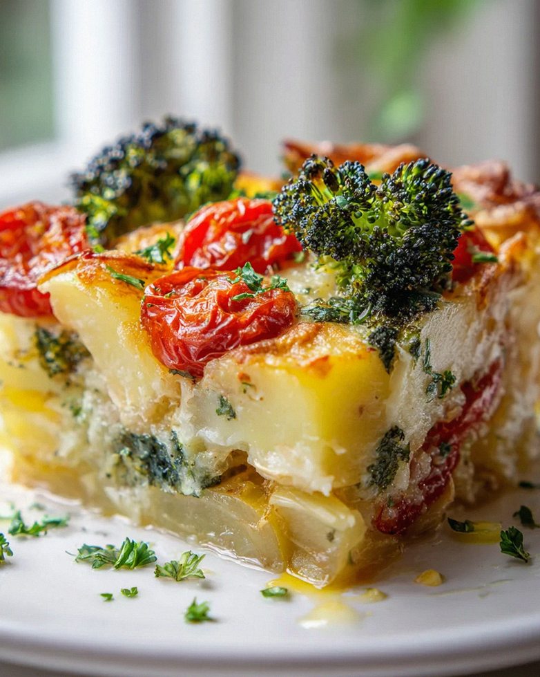 Veganer Kartoffel Auflauf mit Brokkoli und Tomaten genießen!