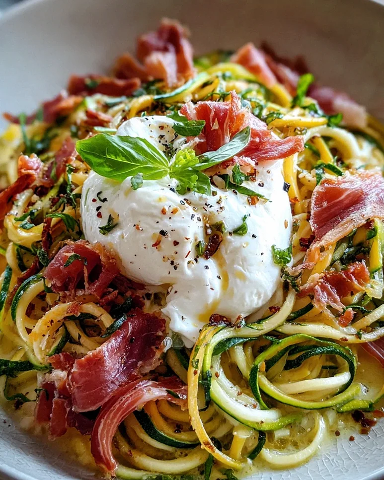Zucchini Carbonara mit knusprigem Putenschinken und Burrata