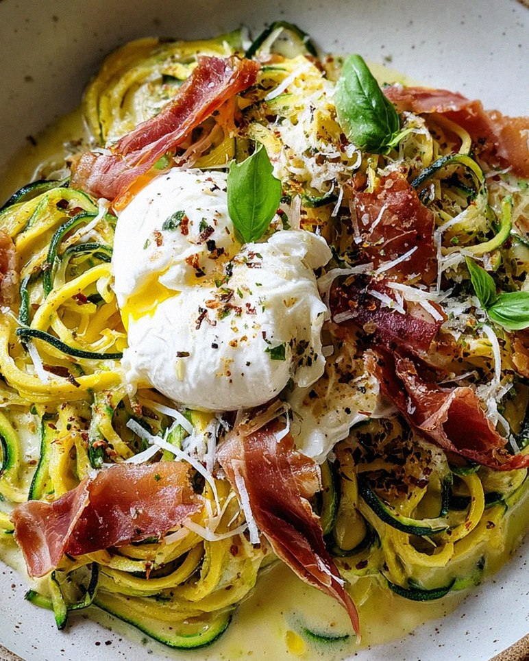 Zucchini Carbonara mit knusprigem Putenschinken und Burrata – Schritt 1