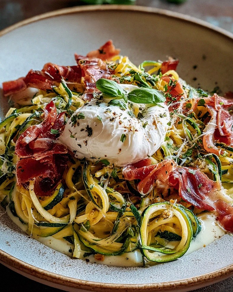 Zucchini Carbonara mit knusprigem Putenschinken und Burrata – Schritt 2