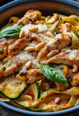 Zucchini Parmesan Pasta mit Hähnchen und Pinienkernen
