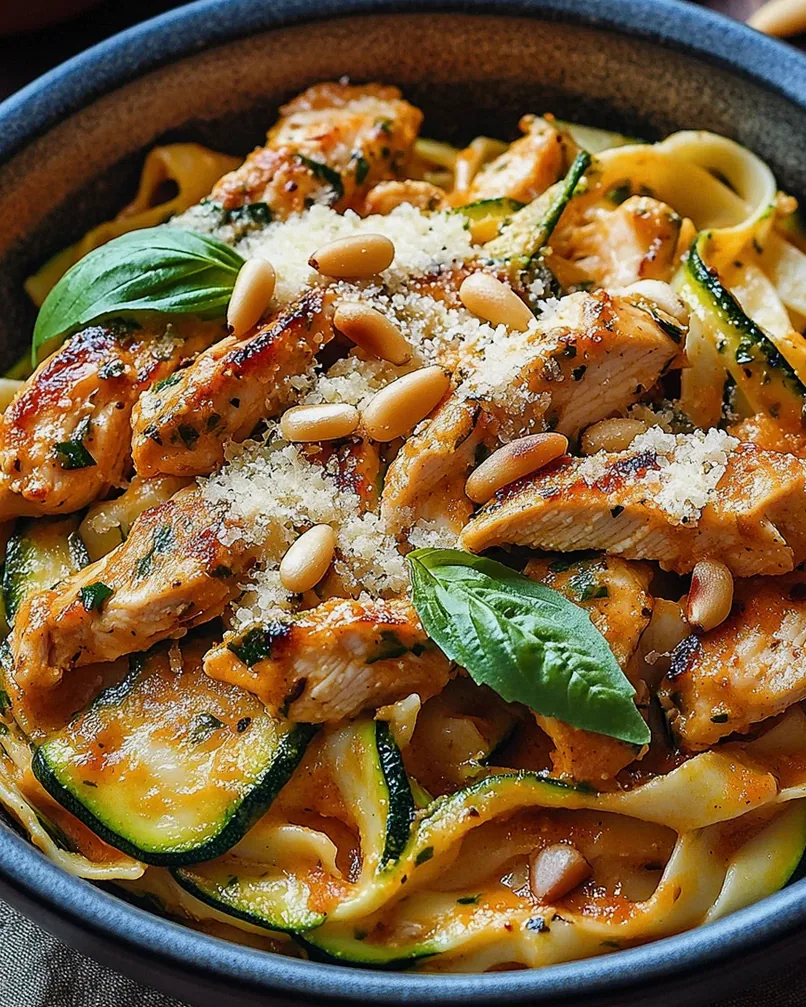Zucchini Parmesan Pasta mit Hähnchen und Pinienkernen