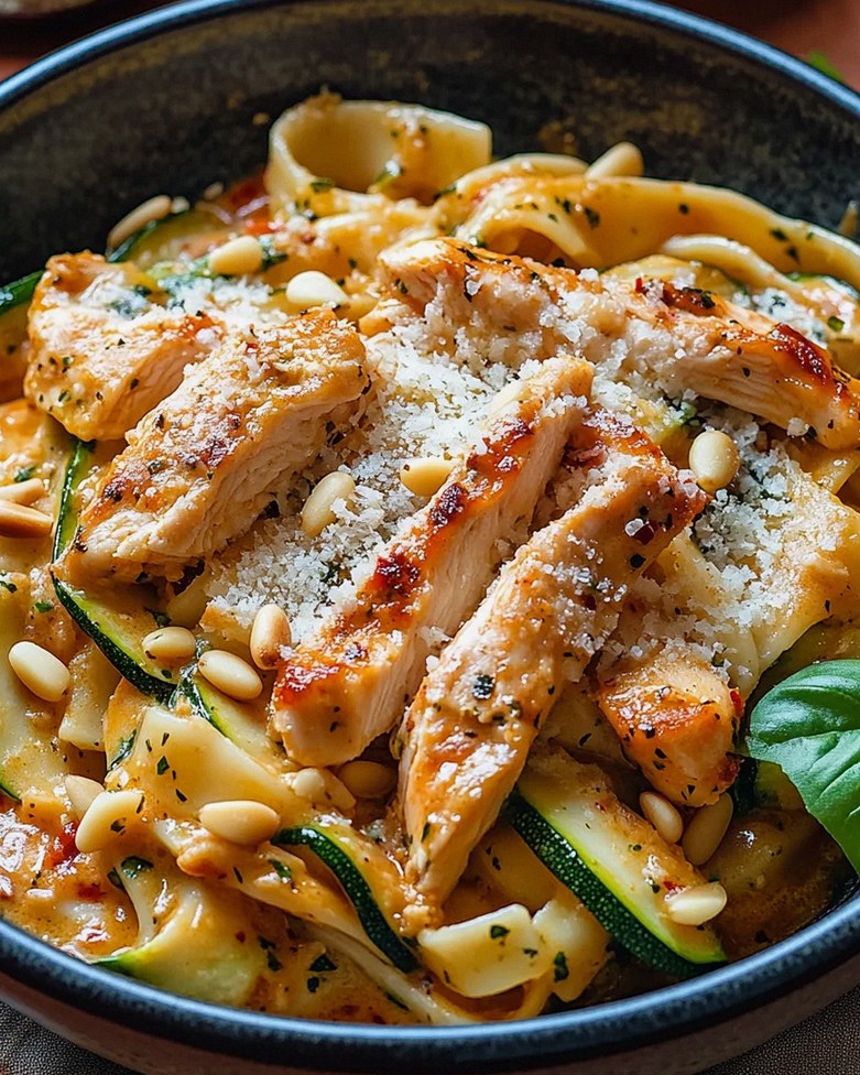 Zucchini Parmesan Pasta mit Hähnchen und Pinienkernen – Schritt 2